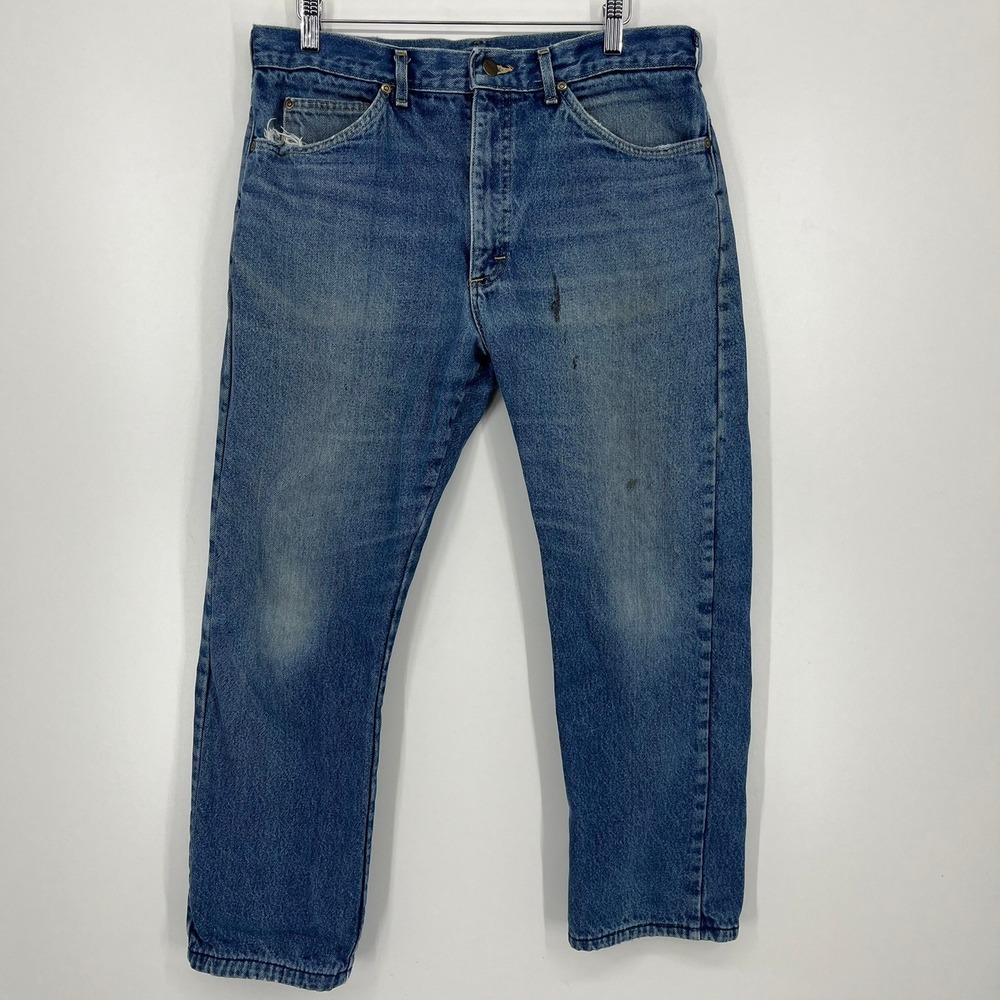LL Bean Flannel Lined‎ Jeans Mens 36x34 Blue Denim Plaid Made in USA Distressed